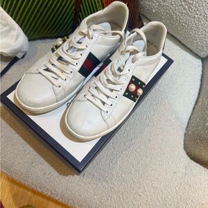 Gucci White Sneakers with Black and Red Accents